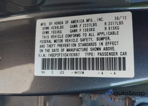 2012 Honda Accord 2.4 Lx from USA, damaged, VIN 1HGCP2F31CA193667